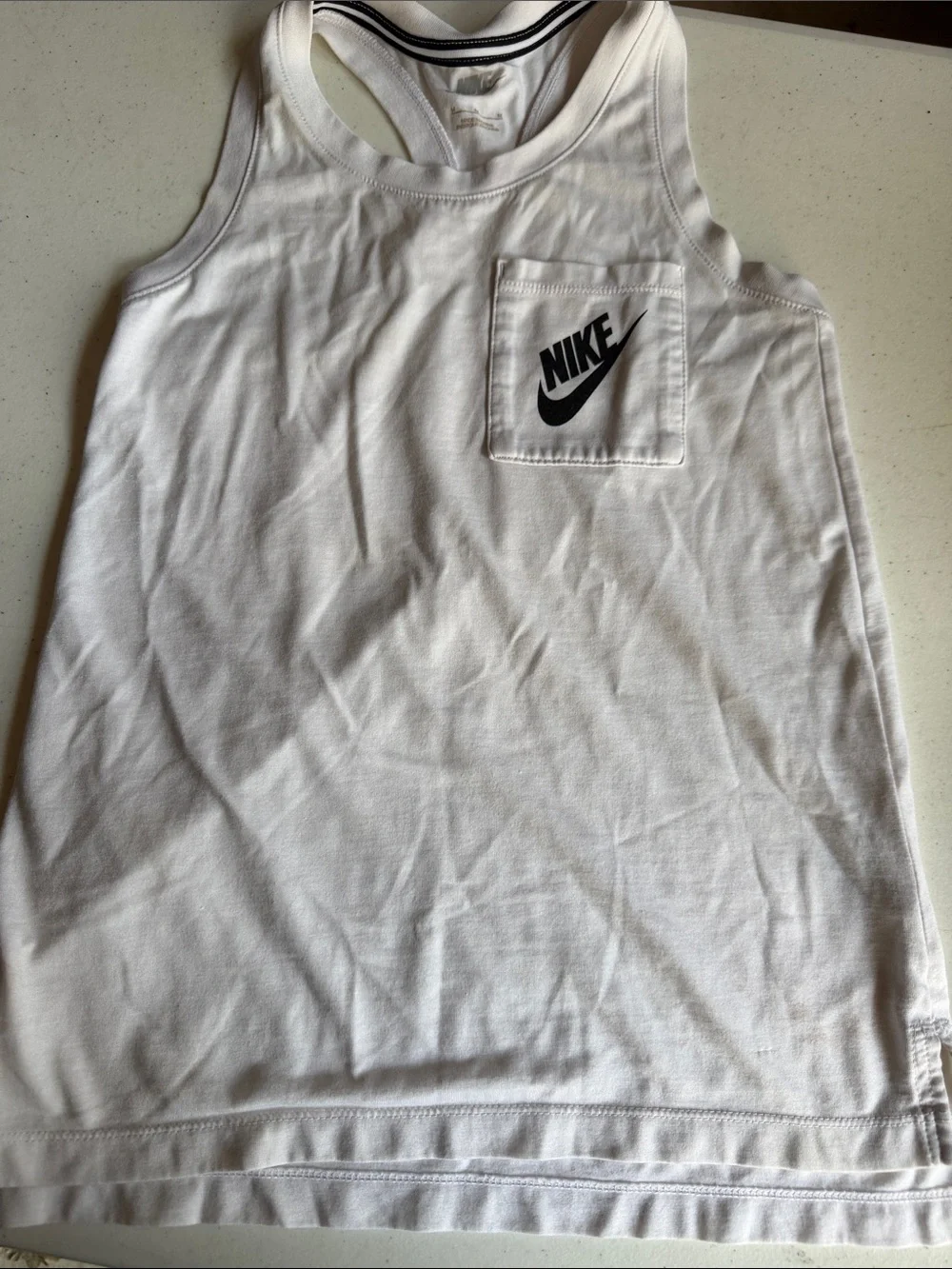 Youth White Tank Top with Black Swoosh Pocket